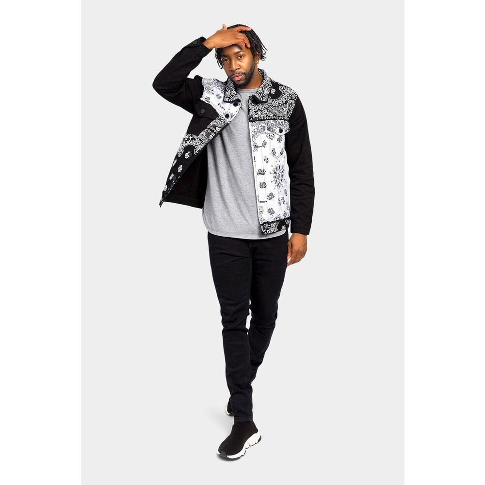 Victorious Colorblock Distressed Bandana Paisley Denim Button Jacket L - Picture 8 of 8